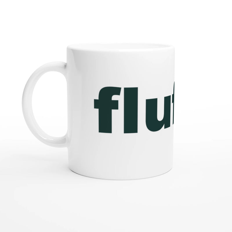 Hvidt keramikkrus med fluffy.-logo i petrolgrøn