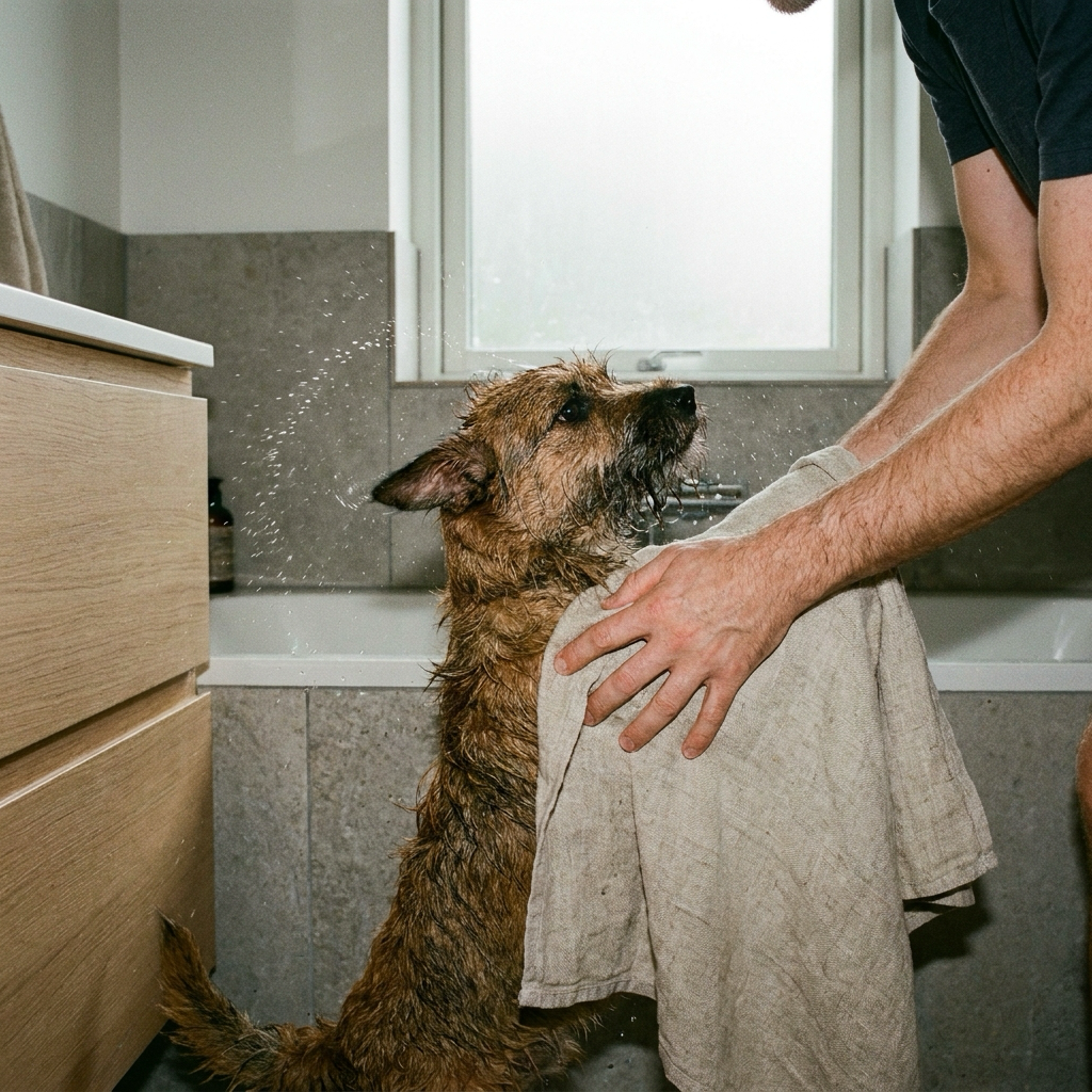 Våd hund tørres med hørhåndklæde