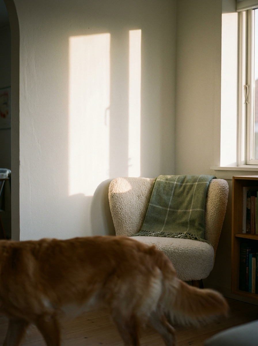 Lænestol med plaid og hund i forgrunden