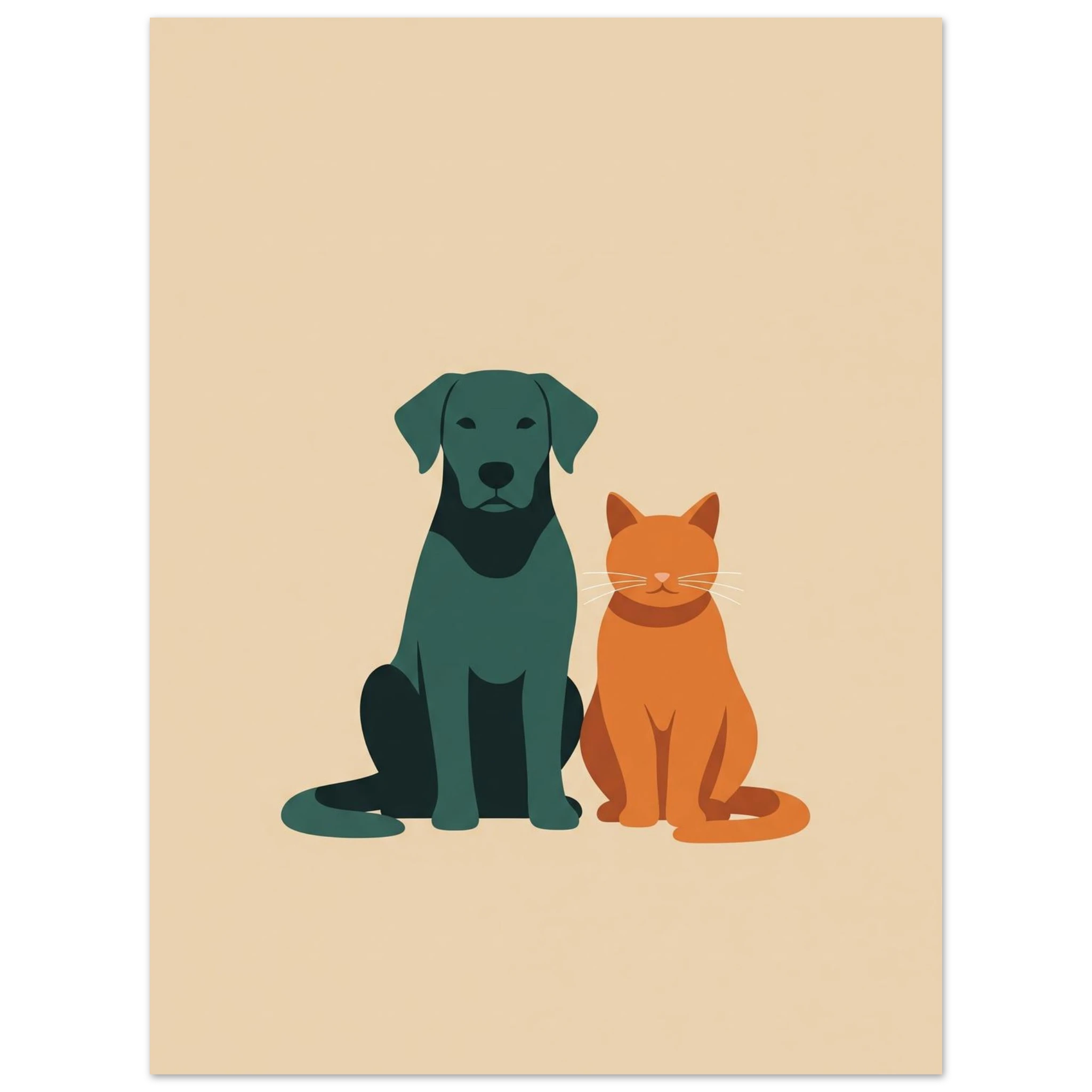 Plakat med stiliseret hund og kat i varme jordfarver, mat papir