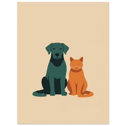 Plakat med stiliseret hund og kat i varme jordfarver, mat papir