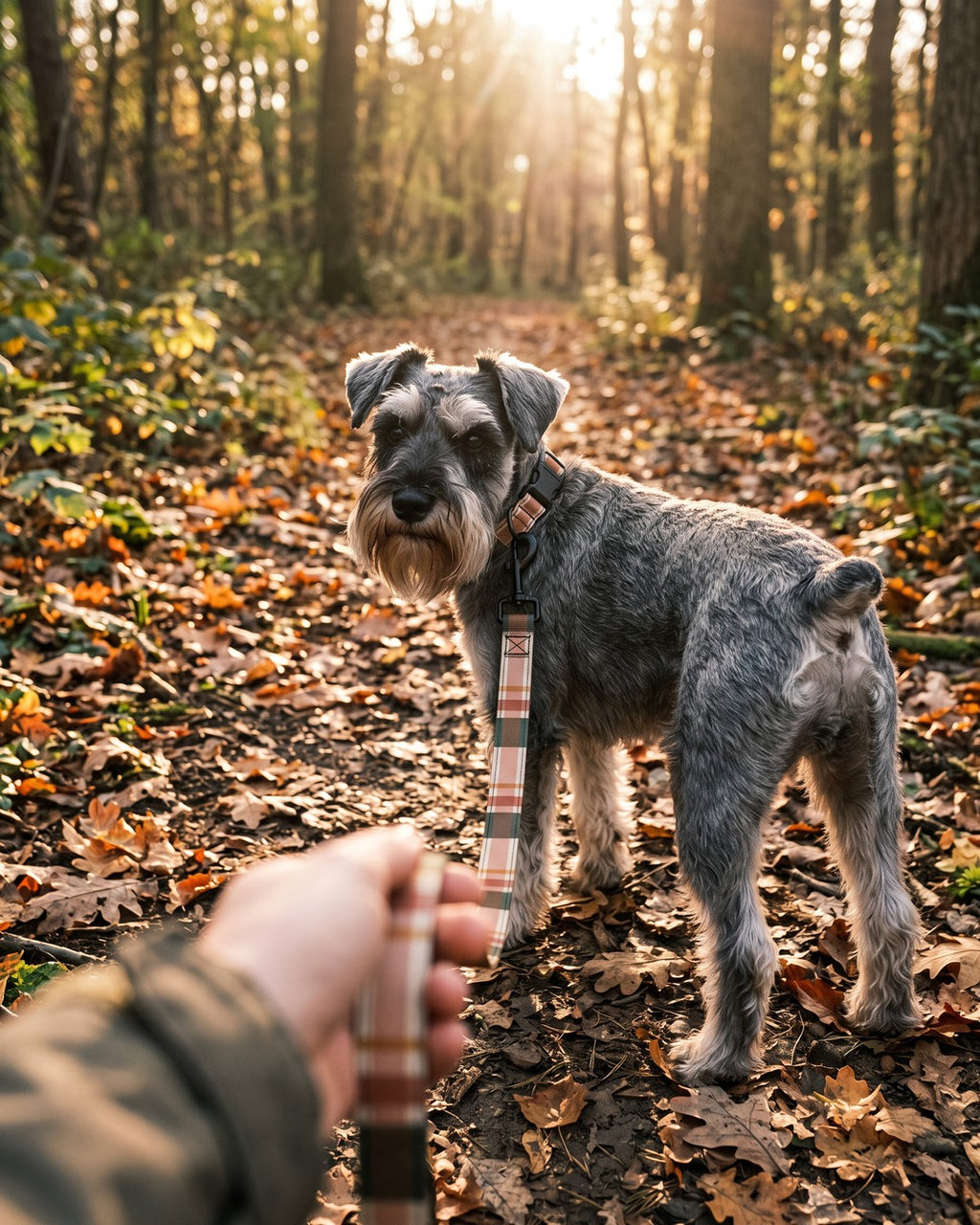 Dværgschnauzer i halsbånd og snor med tern-mønster på skovsti i modlys. AI-billede.