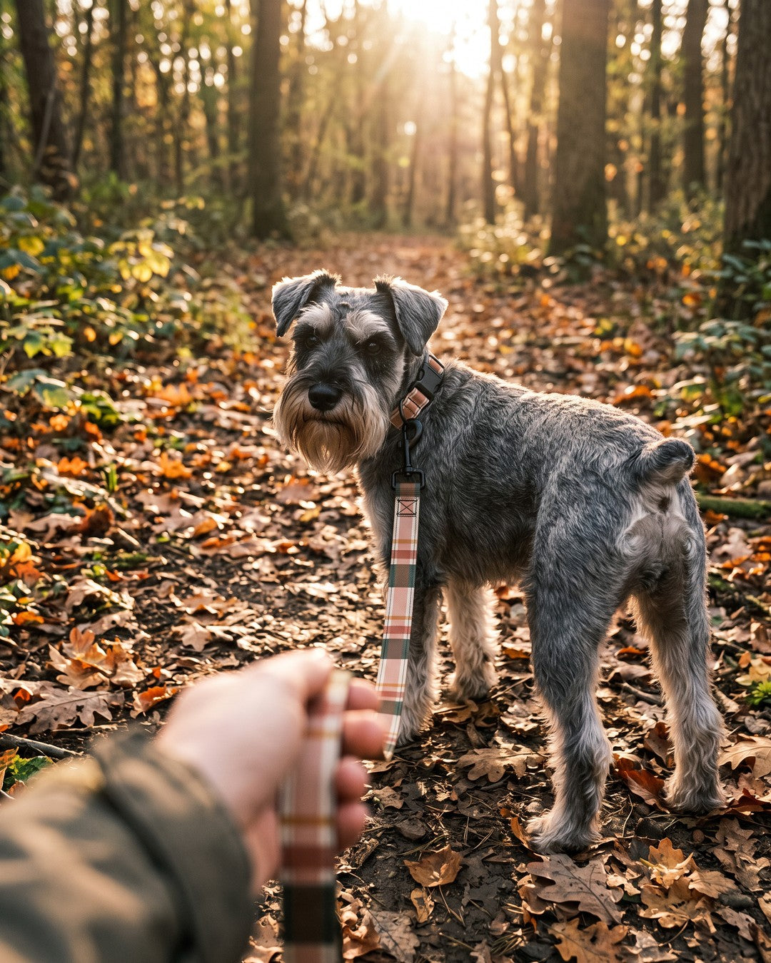 Dværgschnauzer i halsbånd og snor med tern-mønster på skovsti i modlys. AI-billede.