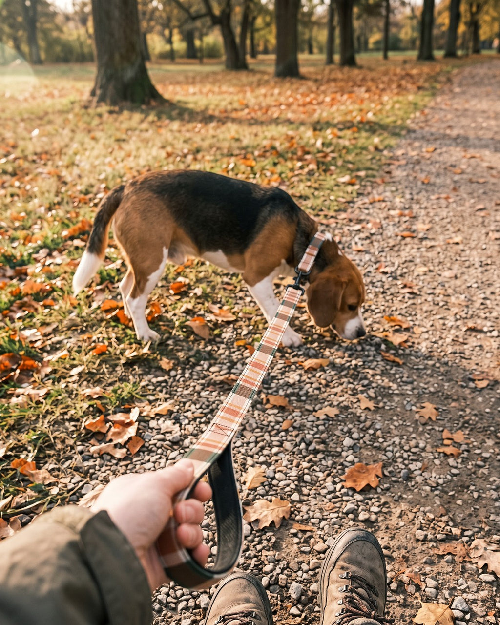 Beagle på efterårsgåtur i snor med tern-mønster i havre, rust og skovgrøn. AI-billede.