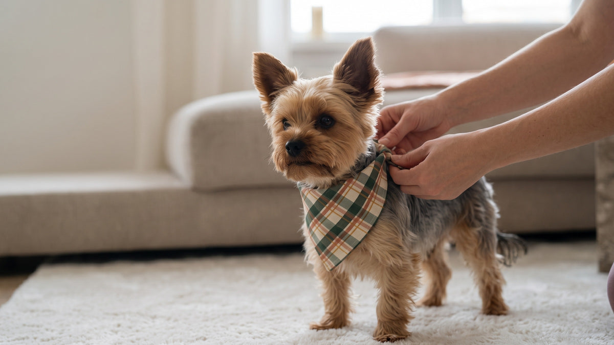 Hænder binder Bandana Tern Efterår om halsen på en yorkie på et lyst gulvtæppe (AI-genereret billede)