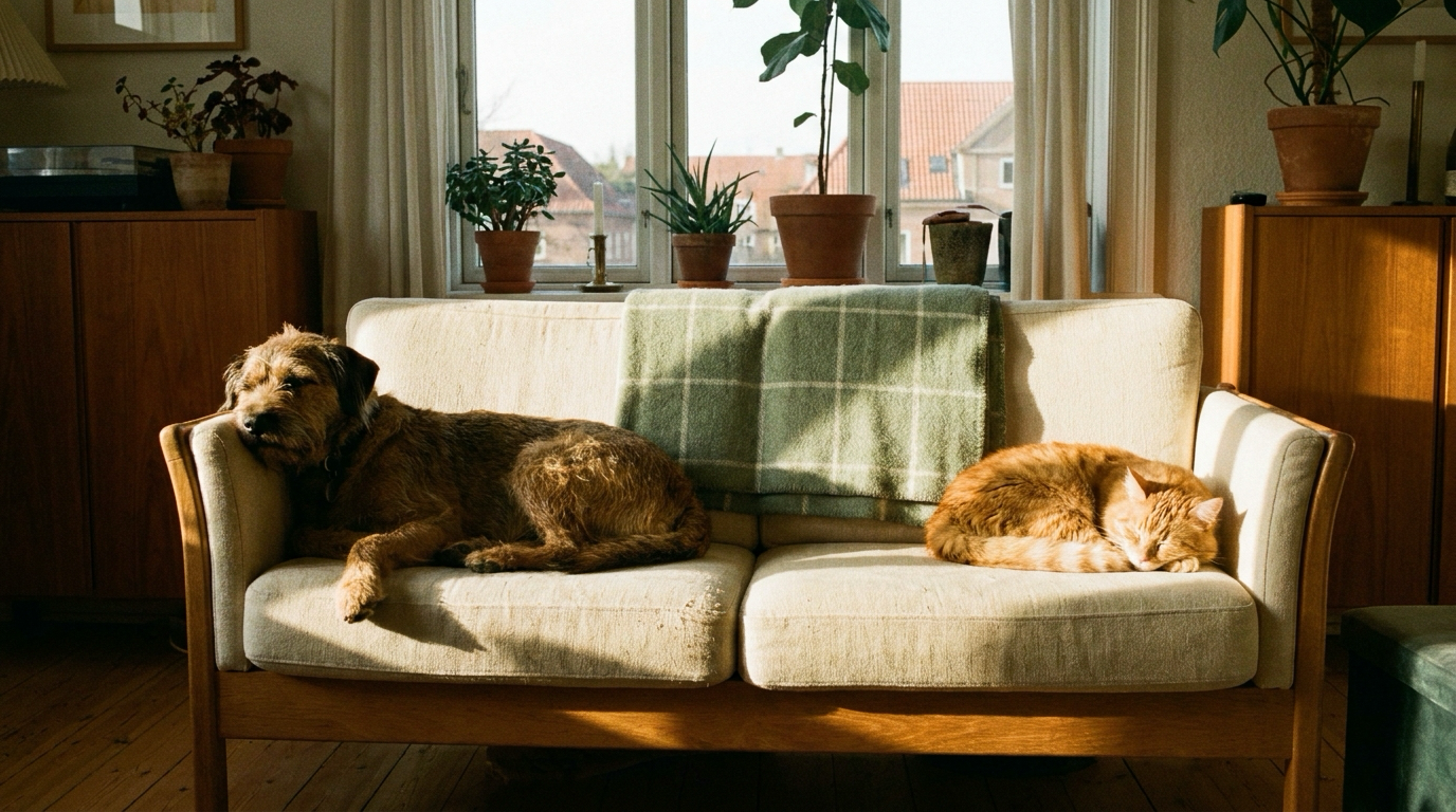 Hund og kat sover i hver sin ende af samme sofa