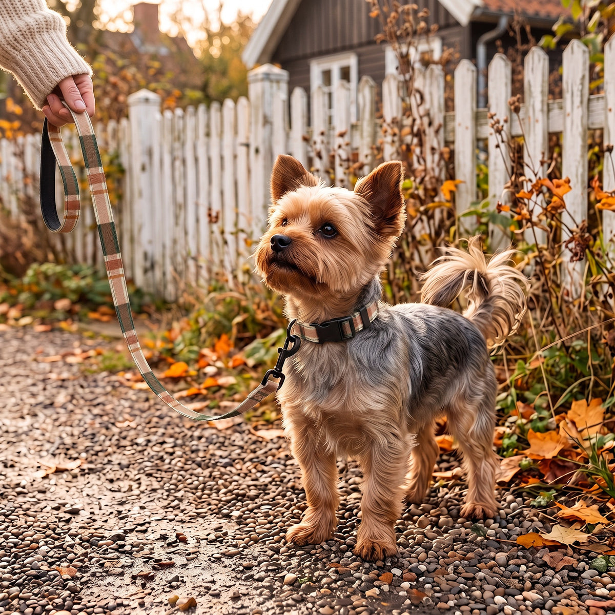 Yorkie ved hvidt stakit med halsbånd og snor fra Gåtursæt Tern Efterår (AI-genereret billede)