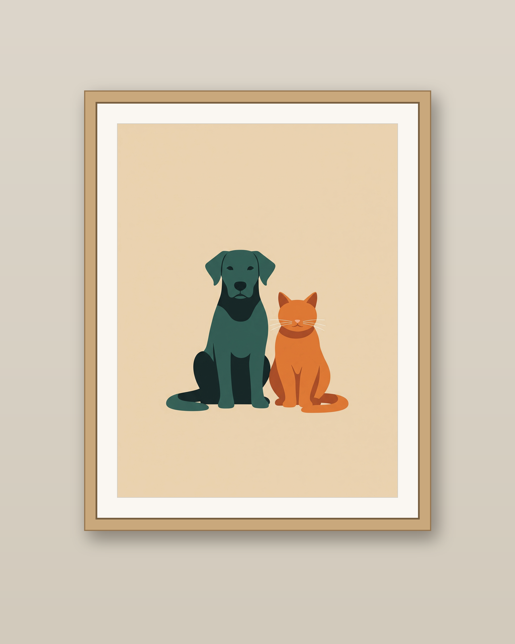 Hund og kat plakat i egetræsramme på en varm væg, stiliseret petrol hund og marigold kat