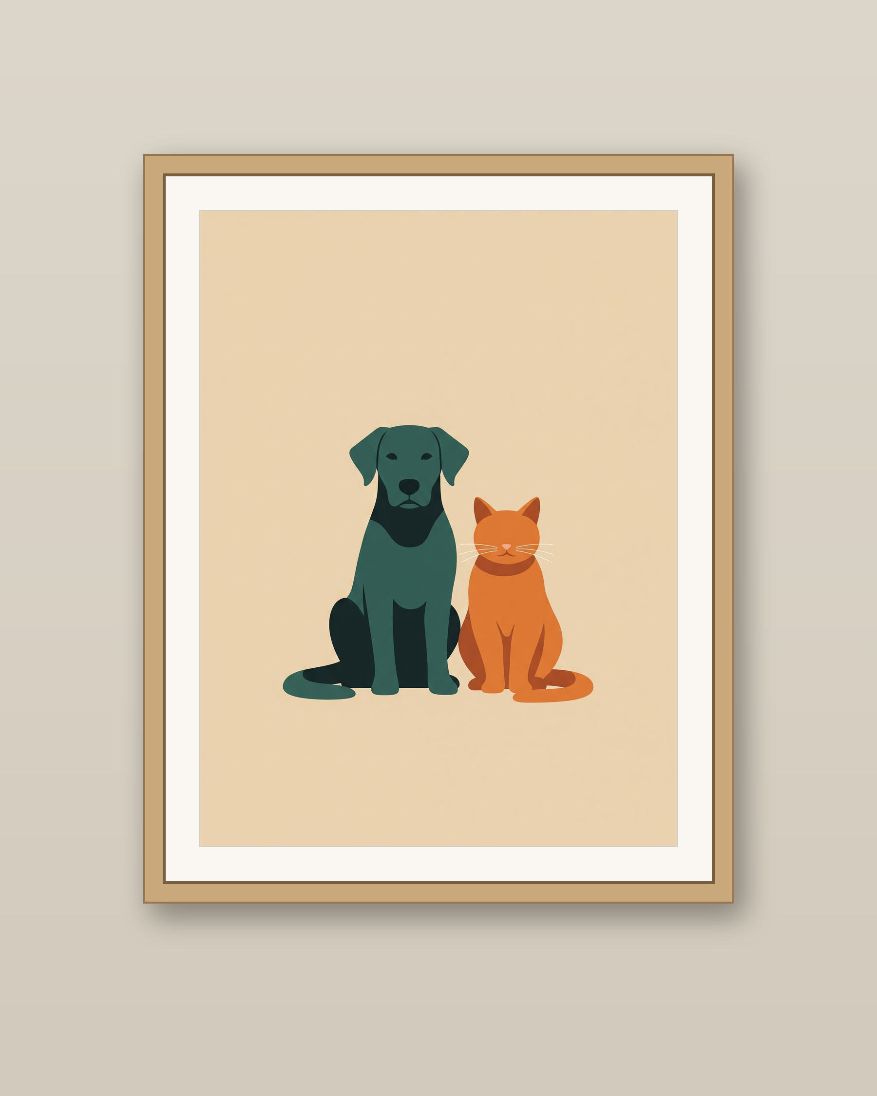 Hund og kat plakat i egetræsramme på en varm væg, stiliseret petrol hund og marigold kat