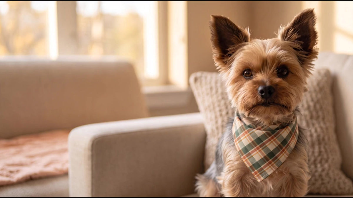 AI-genereret: Fluffy-yorkie i Tern-bandana i sofaen, stillbillede fra forsidens video (16:9)