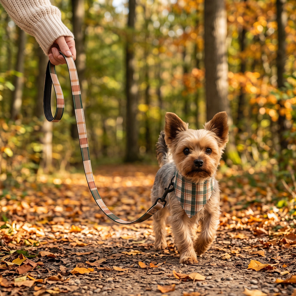 Yorkie på gåtur i skoven i Snor Tern Efterår og Bandana Tern Efterår (AI-genereret billede)