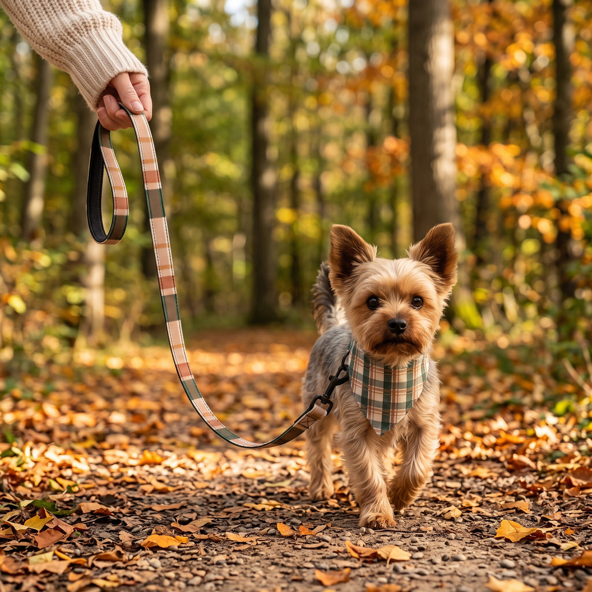 Yorkie på gåtur i skoven i Snor Tern Efterår og Bandana Tern Efterår (AI-genereret billede)