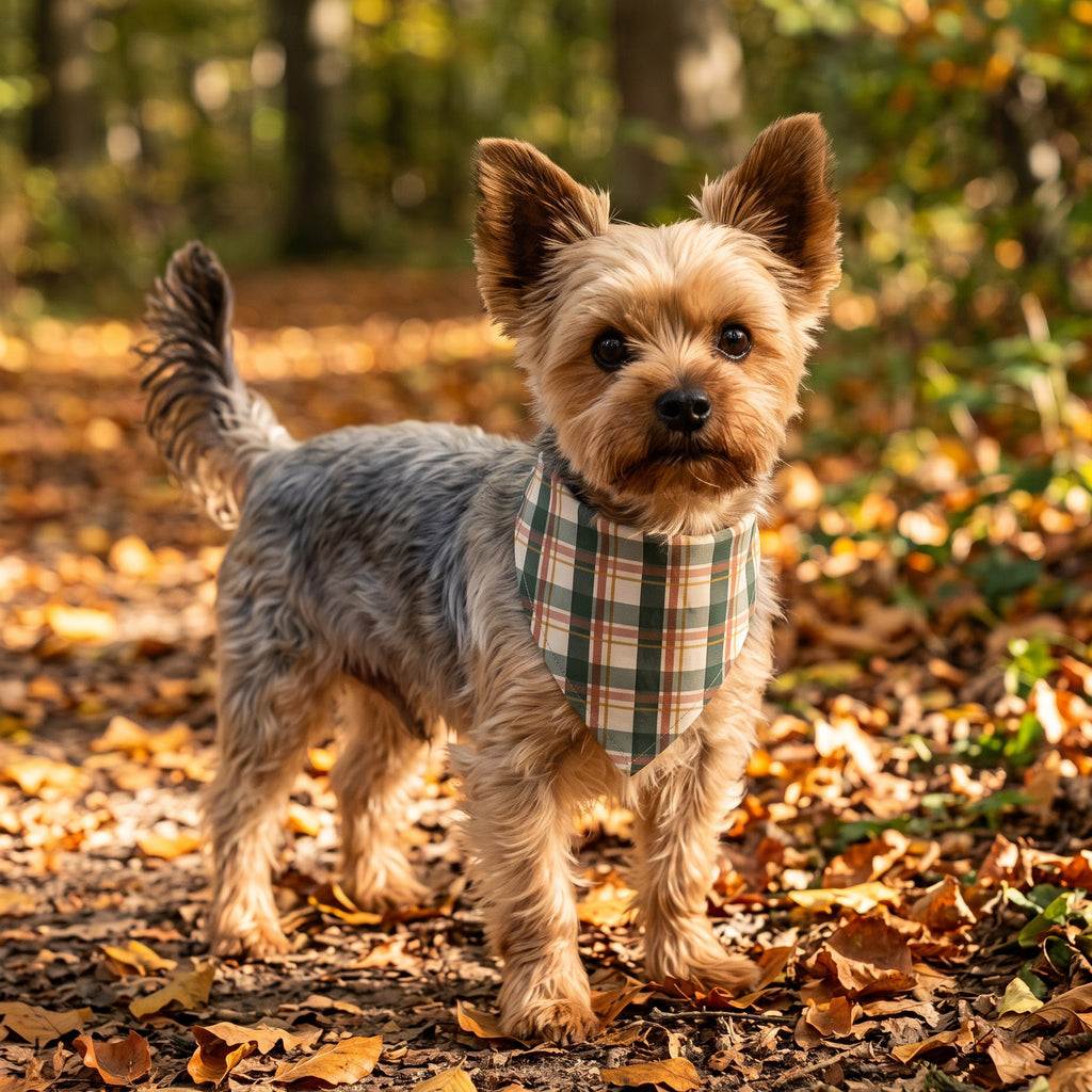 Yorkie i Bandana Tern Efterår på skovsti med efterårsblade (AI-genereret billede)