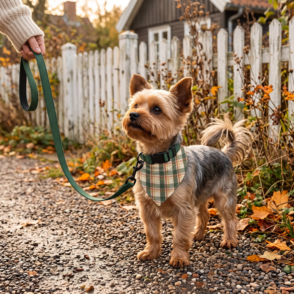 Yorkie på gåtur i Bandana Tern Efterår med I am fluffy halsbånd og snor i flaskegrøn (AI-genereret billede)